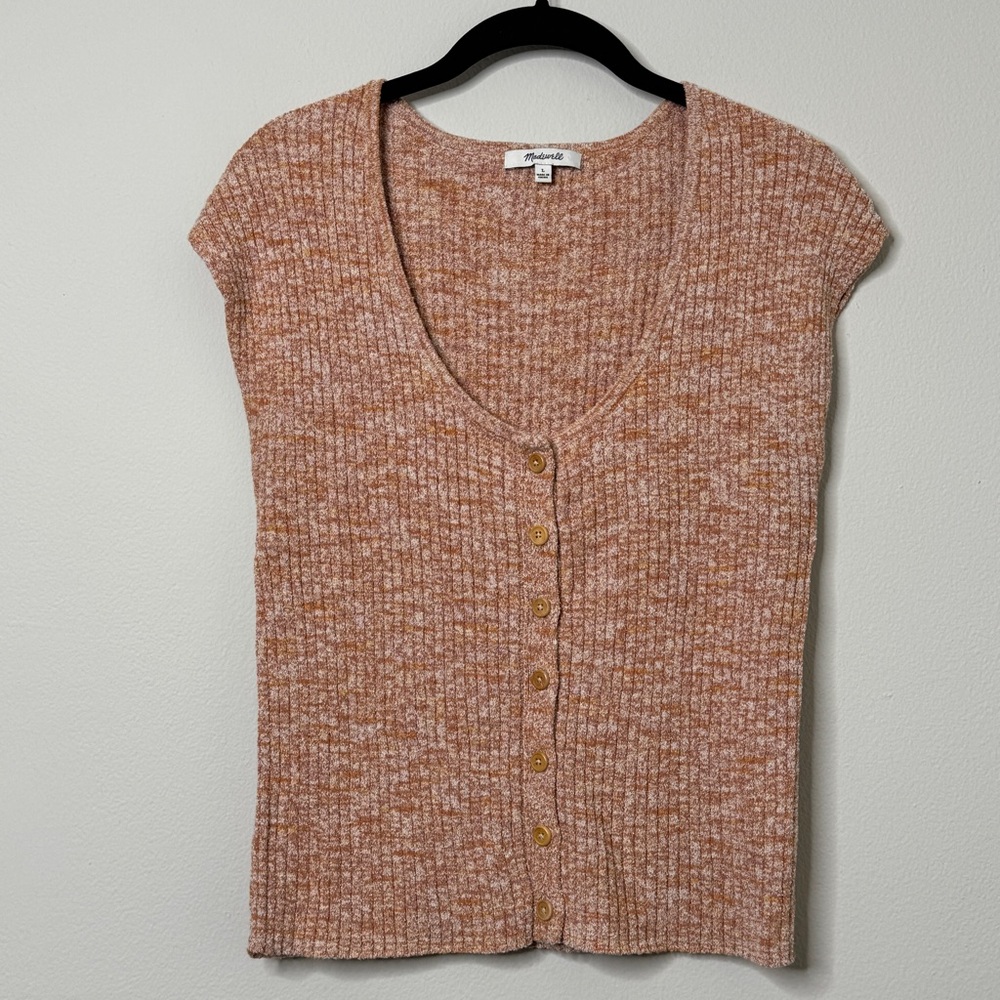 Madewell Orange-Brown Button Down Knit Cap Sleeve Top Size L